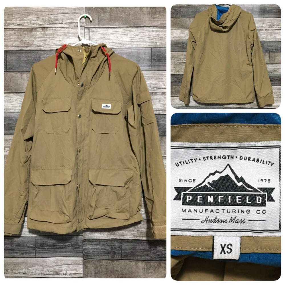 Penfield Rain Coat Jacket Men's XS Tan Hooded Nylon Outdoor Pockets Full-Zip
